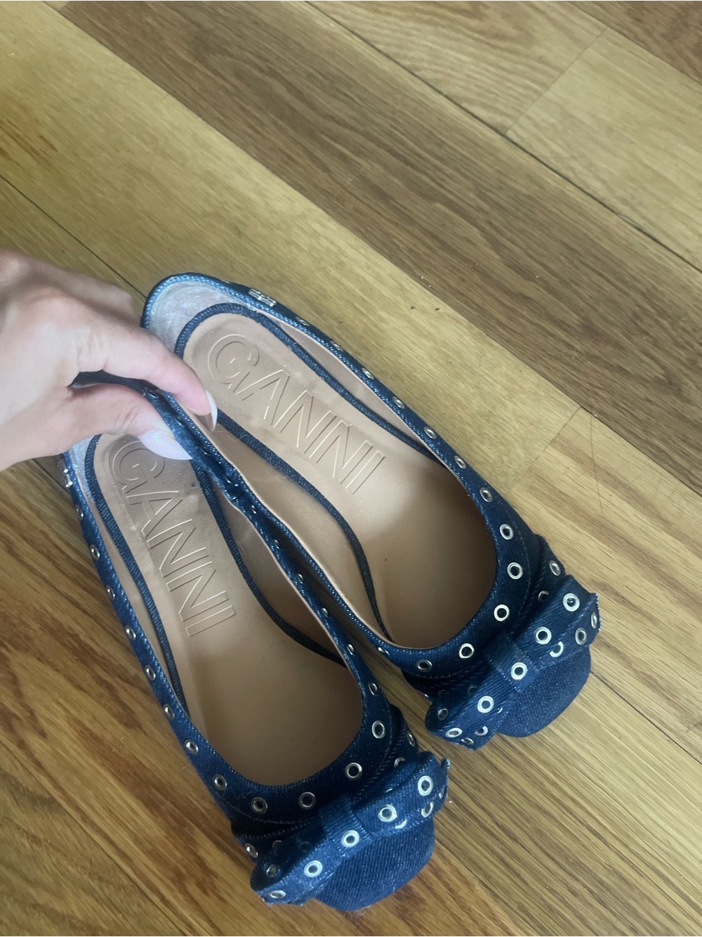 Ganni Navy Denim Bow Ballet Flats